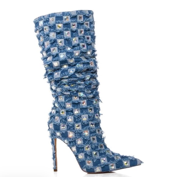AKIRA AZALEA WANG EVE DENIM KNEE HIGH EMBELLISHED BOOT Size 1010 - Picture 1 of 4